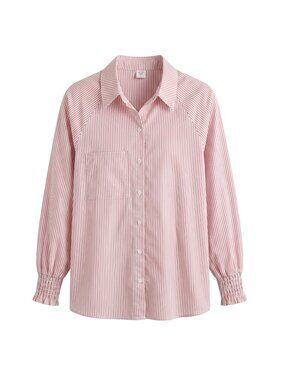 New | Red & White Vertical Striped Smocked Cuff Button-Up Blouse Top | 1XL